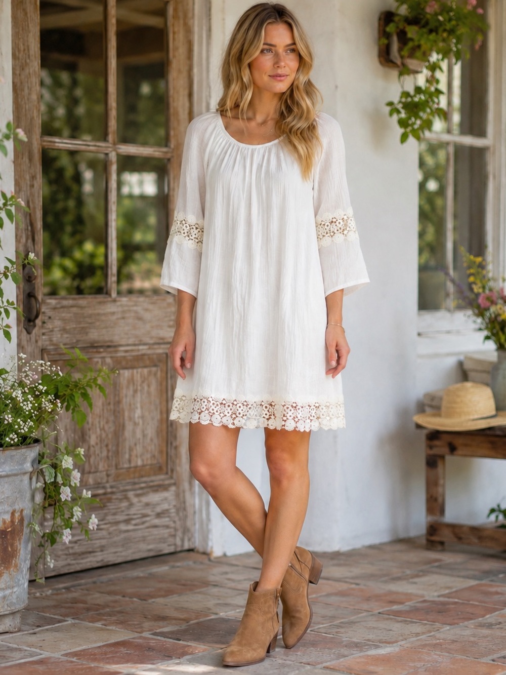 Wrangler Womens Medium White Gauze Shift Dress Lace Trim 3/4 Sleeve Boho